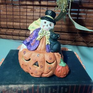 Vtg Light Up Halloween Ceramic Skeleton Pumpkin Figurine Spooky Trick Or Treat